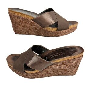 Donald J. Pliner Bosna Leather Sandals Women's 8.5 Brown Slide Rattan Wedges‎